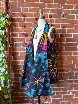 Black + Rainbow Tie Dye Flowy Hem Layering Vest - 100% Cotton