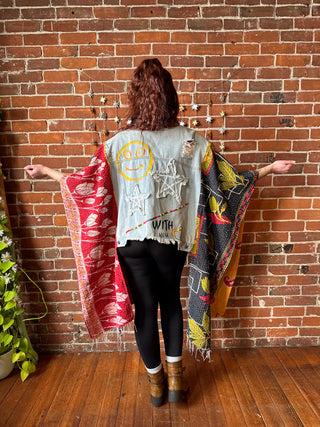 Upcycled Distressed Painted Rebel Boho Hi Lo Kantha Jacket