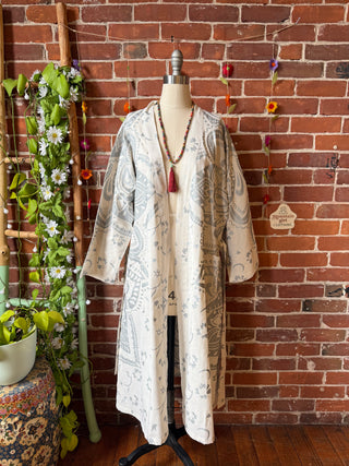 Silver + White Mandala Long Tapestry Robe Kimono w/ Pockets + Belt - Fair Trade Made