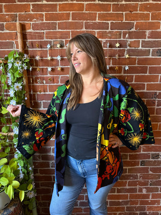 OOAK Autumn Collection - Upcycled Grateful Dead Inspired Mix Fabric Bell Sleeve Robe