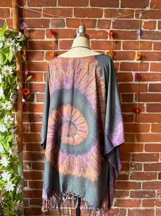 Spiral Gray+Purple Tie Dye Fringe Poncho