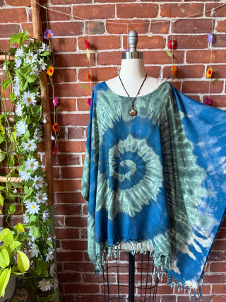 Spiral Ocean Tones Tie Dye Fringe Poncho