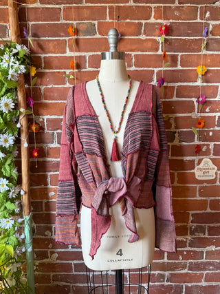 Moon Catcher Patchwork Knit Bell Sleeve Cropped Wrap Sweater - 100% Cotton - Fair Trade Made