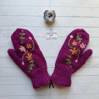 Floral Vine Fleece Lined Wool Mittens / Gloves - Fair Trade Made-Final Sale