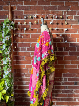 Sierra Dreams Upcycled Cotton Kantha Poncho Tunic Top with Pockets