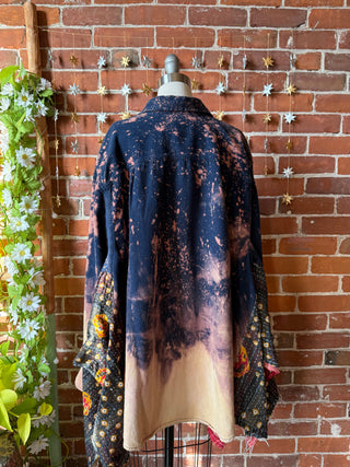 OOAK Winter Collection- Birdsong Kantha + Bleach Plaid Button Up Wing Style Poncho Jacket