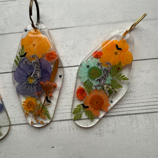 Pressed Flower Dancing Skeleon Keychain - Small Business Made!