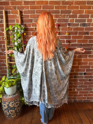 Gray Sky Goddess Flowy Woven Fringe Kimono Ruana - Made In Canada