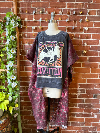 OOAK Autumn Collection- Upcycled Led Zeppelin Inspired Kantha Poncho Hi Lo Sweatshirt