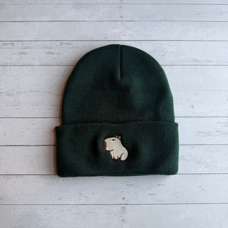 Capybara Forest Green Embroidered Beanie Hat