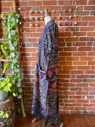 Blue Mandala Long Tapestry Robe Kimono w/ Pockets + Belt - Fair Trade Made