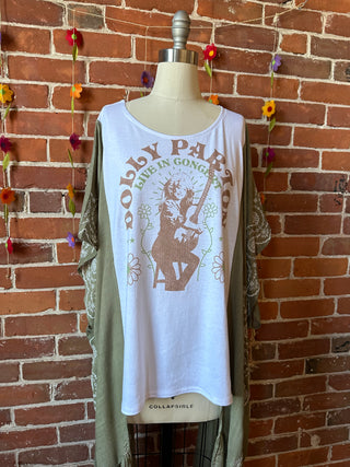 Dolly Parton Inspired Hybrid Sage Embroidered Hi Lo Top