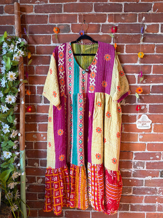 Coffee In The Morning Kantha Dress - Fits up to 3X - 100% Cotton- Fair Trade Made