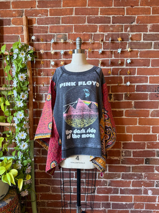 OOAK Winter Collection- Upcycled Pink Floyd Inspired Kantha Poncho Sweatshirt