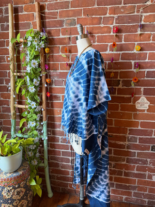 Indigo Sky Fringe Tie Dye Hi Lo Poncho Coverup Tunic Top- 100% Cotton