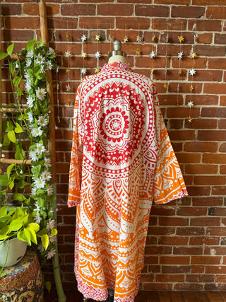 Orange Mandala Long Tapestry Robe Kimono with Pockets and Belt