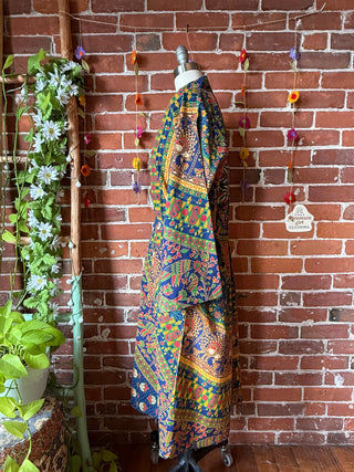 Blue + Yellow Elephant Mandala Long Tapestry Robe Kimono w/ Pockets + Belt - Fair Trade Made