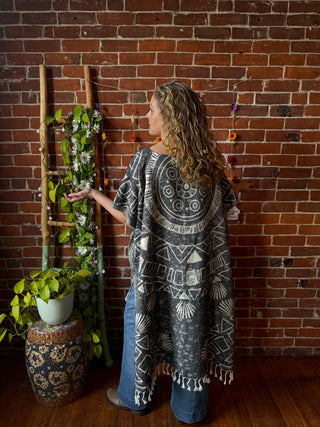 Gray Sky Fringe Hi Lo Poncho Reversible Tunic Top- 100% Cotton