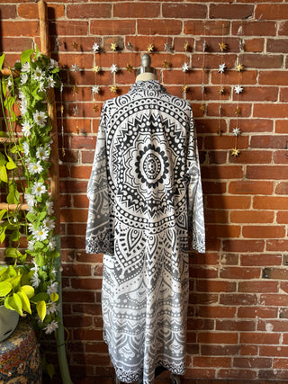 Black + Gray Mandala Long Tapestry Robe Kimono with Pockets and Belt