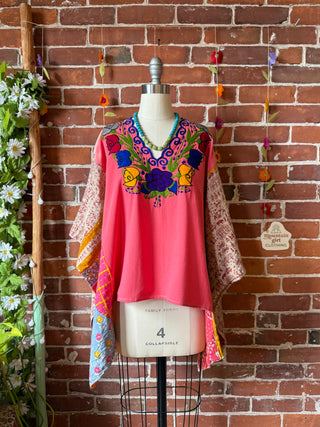 OOAK Autumn Collection- Upcycled Vintage Embroidered Kantha Hi Lo Poncho Top