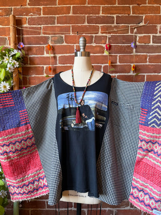 OOAK Autumn Collection- Upcycled Ice Cube Inspired Kantha + Plaid Poncho Tee