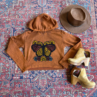 Burnt Orange Embroidered Butterfly Cropped Hoodie