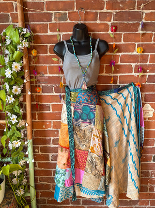 Reversible Upcycled Sari Silky Patchwork Wrap Skirt - Fair Trade Made