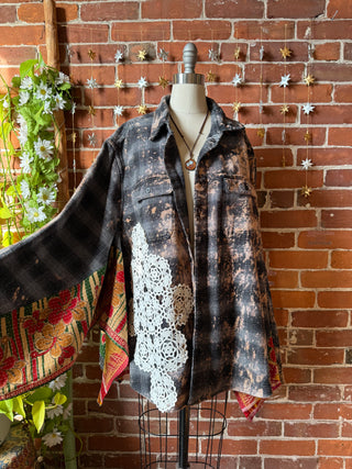 OOAK Winter Collection- Birdsong Kantha + Bleach Plaid Button Up Wing Style Poncho Jacket