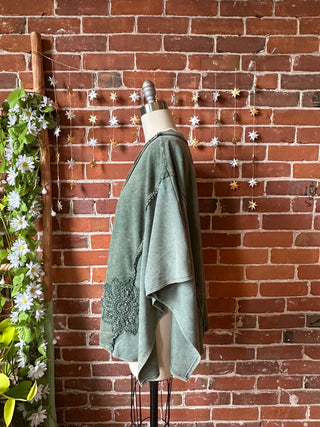 In Zen Mode Doily V-Neck Poncho Top - In Charcoal + Olive