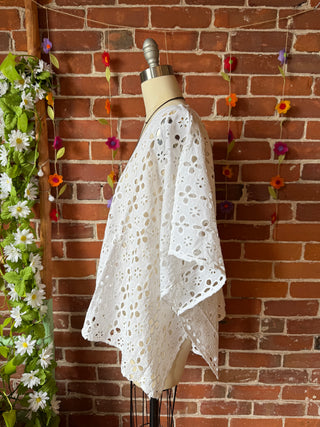 100% Cotton Bohemian Eyelet Overlay Poncho Top - White