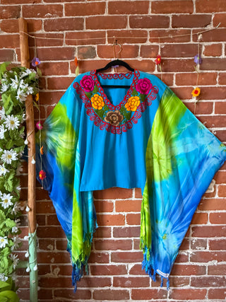 OOAK Autumn Collection- Upcycled Vintage Embroidered Tie Dye Hi Lo Poncho Top