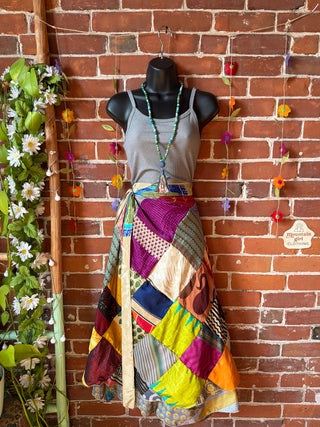 Reversible Upcycled Sari Silky Patchwork Wrap Skirt - Fair Trade Made
