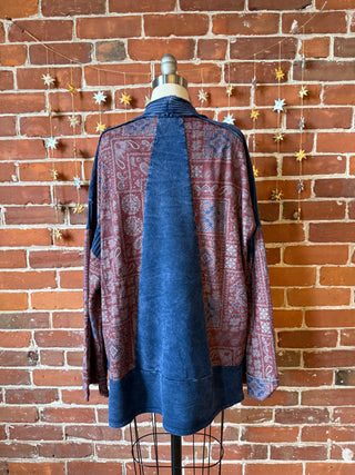 Stone Washed Patchwork Paisley Bohemian Cardigan - Midnight Blue