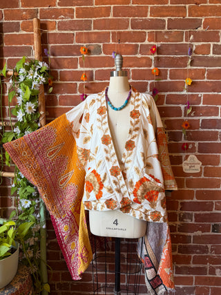 OOAK Summer Collection- Upcycled Embroidered Kantha Flowy Hi Lo Poncho Jacket
