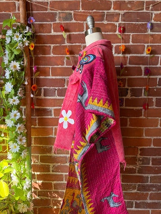 OOAK Autumn Collection - Size XS/Small Upcycled Crop Patch Hi Lo Kantha Poncho Jacket
