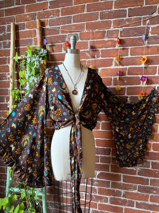 Brown Moon + Butterfly Celestial Cropped Bell Sleeve Wrap Top