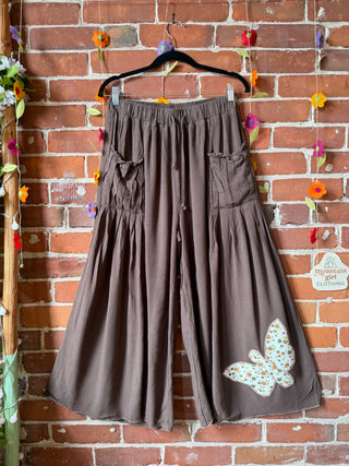 OOAK Summer Collection- Patchwork Butterfly Linen Blend Upcycled Cropped Wide Leg Lounge Pants Size Medium