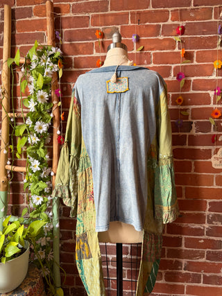 OOAK Summer Collection- Upcycled Patch Patchwork Hi Lo Bell Sleeve Top