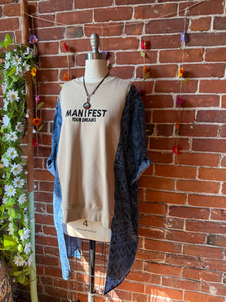 OOAK Autumn Collection- Size XL Upcycled Manifest Your Dreams Emboidered Hi Lo Hybird Top