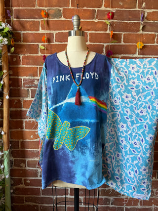 OOAK Summer Collection- Upcycled Pink Floyd Tie Dye Inspired Vintage Butterfly Patch Kantha Poncho Tee