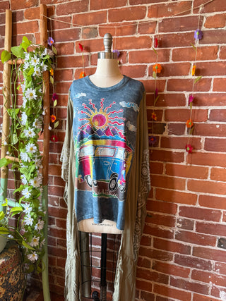 Tie Dye Festival Hippie Bus Hybrid Sage Embroidered Hi Lo Top