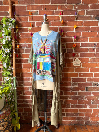 Batik Hippie Bus Tie Dye Sage Embroidered Hi Lo Poncho Top
