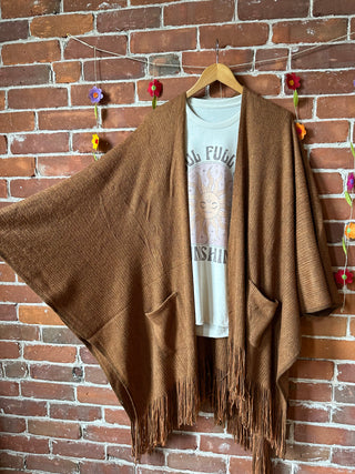 Earthy Mama Long Brown Fringe Poncho With Pockets