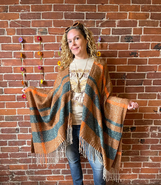 The Softest Farmers Market Fringe Poncho - Brown/Orange/Teal