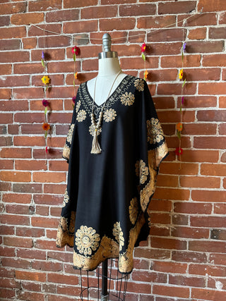 Artemis Batik Long Tunic Top - Black/Clay