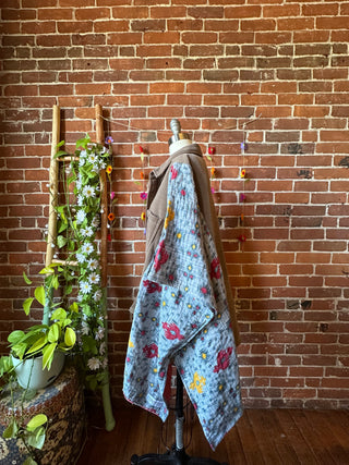OOAK Autumn Collection - Upcycled Fleece + Kantha Button Up Poncho Jacket