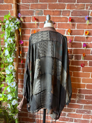 Autumn Stroll Patchwork Batwing Sleeve Kimono Layer - Dark Earth Tones