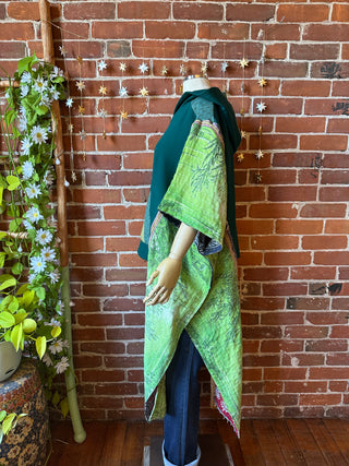OOAK Autumn Collection- Upcycled Organic Cotton + Kantha Poncho Hi lo Hoodie