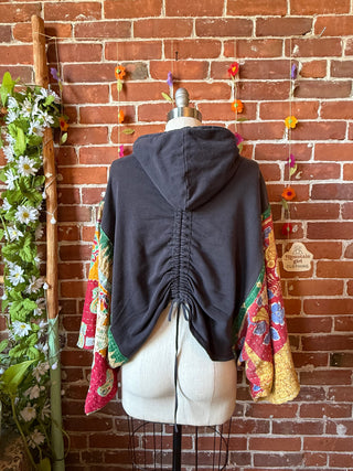 OOAK Summer Collection- Upcycled Kantha Ruched Detail Cropped Hoodie Poncho