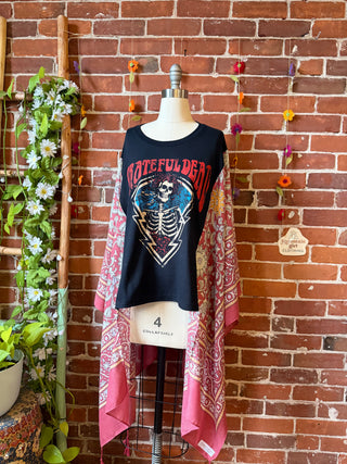 Grateful Dead Inspired Hybrid Red Boho Print Hi Lo Poncho Top